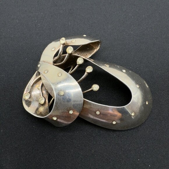 Vtg Sterling Silver Castlecliff Statement Bow Ribbon Brooch Pin Rhinestone NOTE - Picture 4 of 12